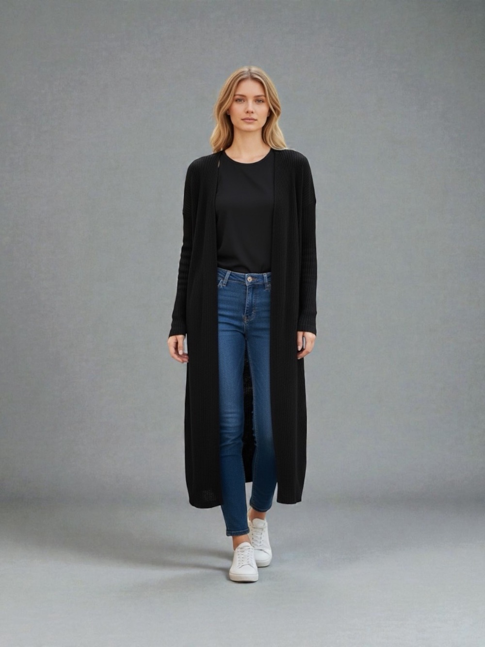 SHEIN Black Long Ribbed Open Front Cardigan